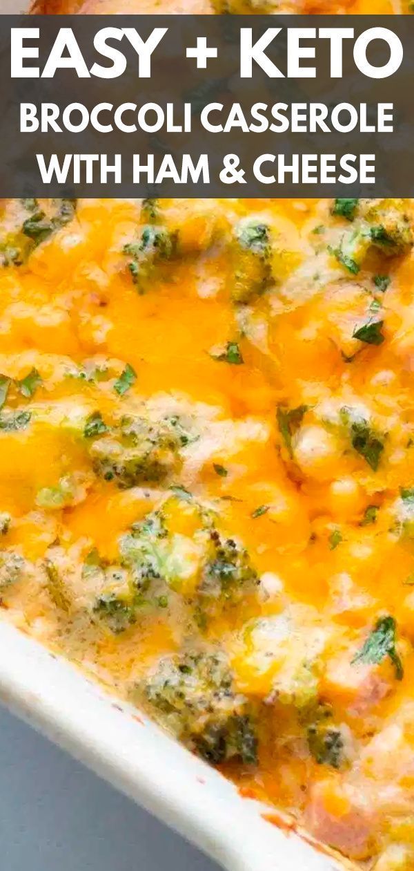 broccoli casserole with ham and cheese in a white dish