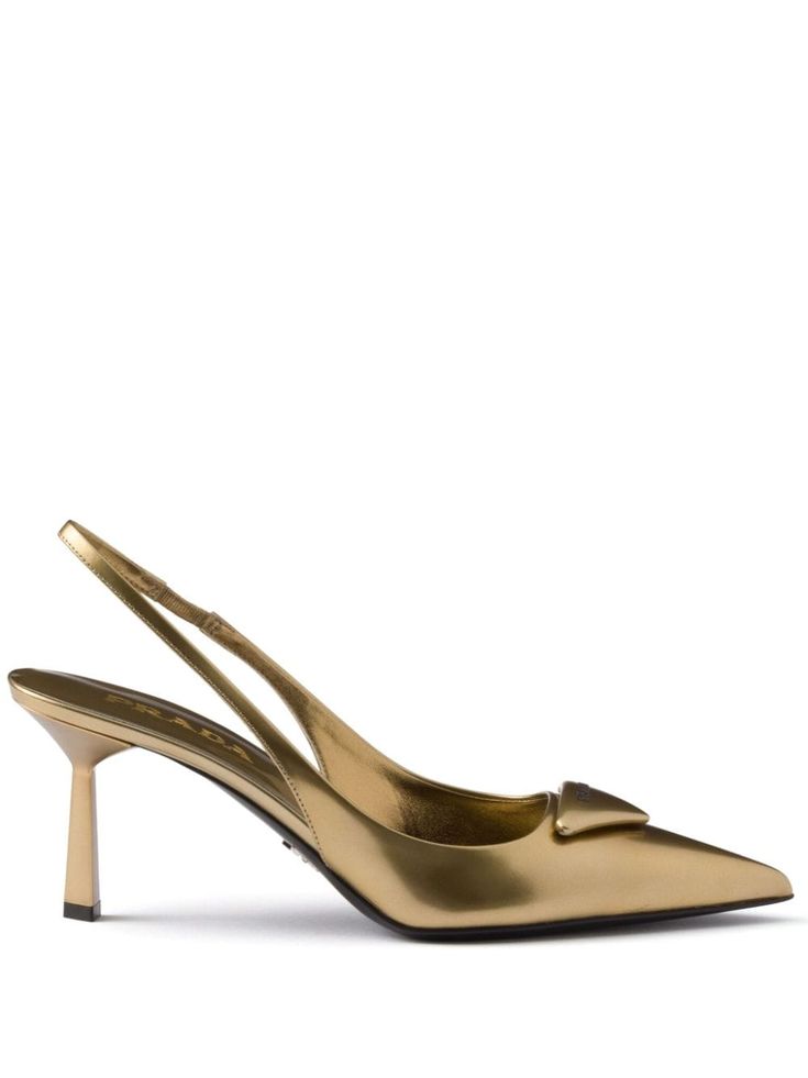 Shop Prada 75mm appliqué-logo pumps Gold Prada Heels, Golden Heels, Prada Heels, Gold Pumps, Chanel 2, Iconic Bags, Demi Fine Jewelry, Fine Watches, Van Cleef Arpels