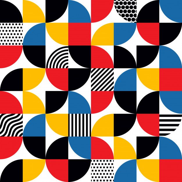 an abstract pattern made up of different colored circles and dots on white paper with black, yellow, red, blue, and orange colors