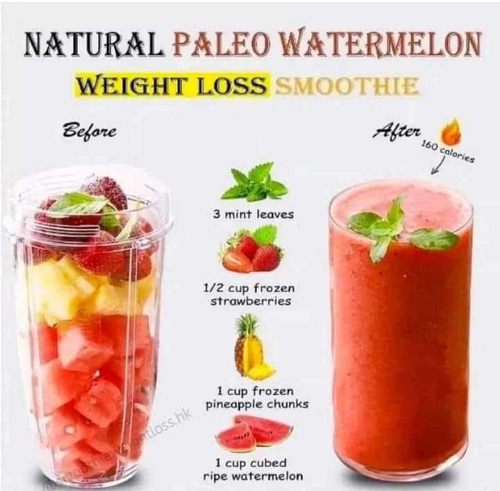 the ingredients for a smoothie are shown in this poster, including strawberries and watermelon