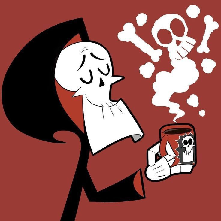 a cartoon character holding a can of beer with skulls on the wall in the background