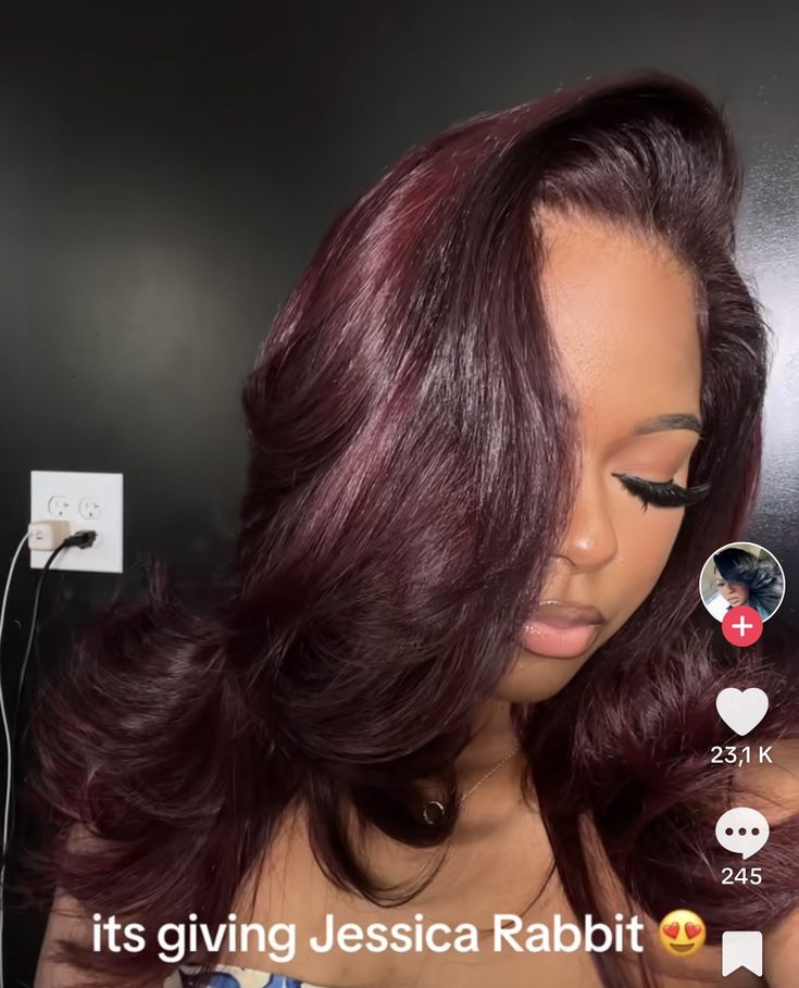 Dark Red Bob Black Women, Cherry Cola Hair Color Black Women, Burgandy Hair On Brown Girl, Cherry Cola Hair Black Women, Black Woman Burgundy Hair, Burgundy Shoulder Length Hair, Red Burgundy Hair Color Black Women, Dark Burgundy Hair Black Women, Burgundy Bob Black Women