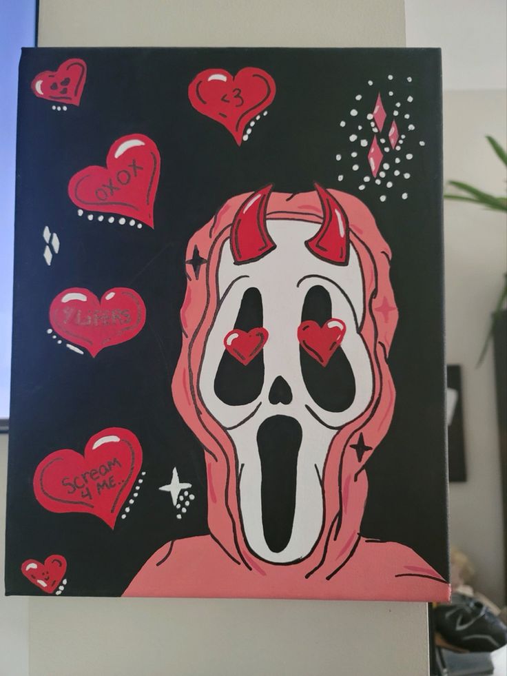 a painting of a skeleton with hearts on it