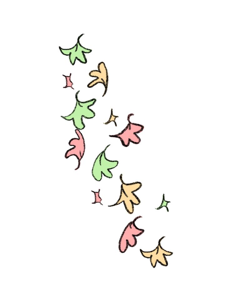 a drawing of leaves falling down into the air on a white background with green, pink and yellow colors