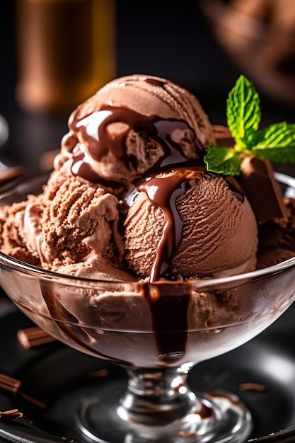 chocolate ice cream in a glass bowl on a black plate with mint sprig