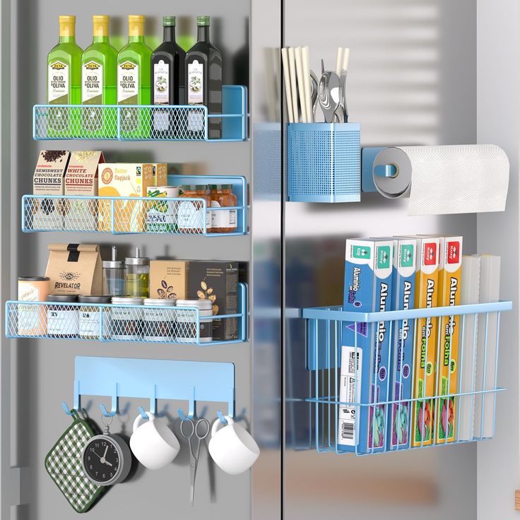 an open refrigerator door with various items on the shelves and hanging from it's sides