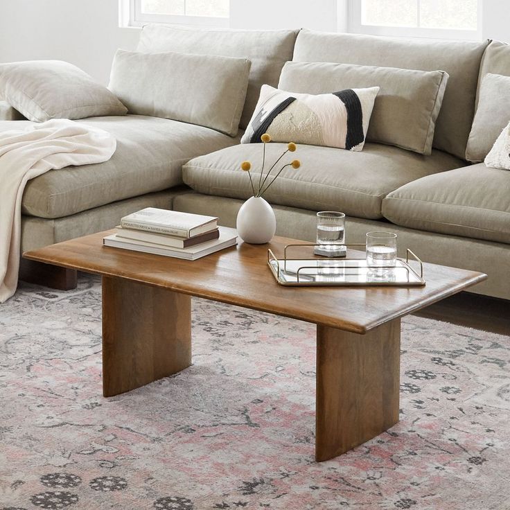 a living room with a couch, coffee table and rug