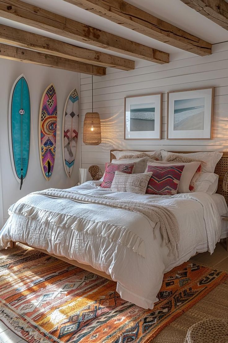 a bedroom with surfboards mounted to the wall