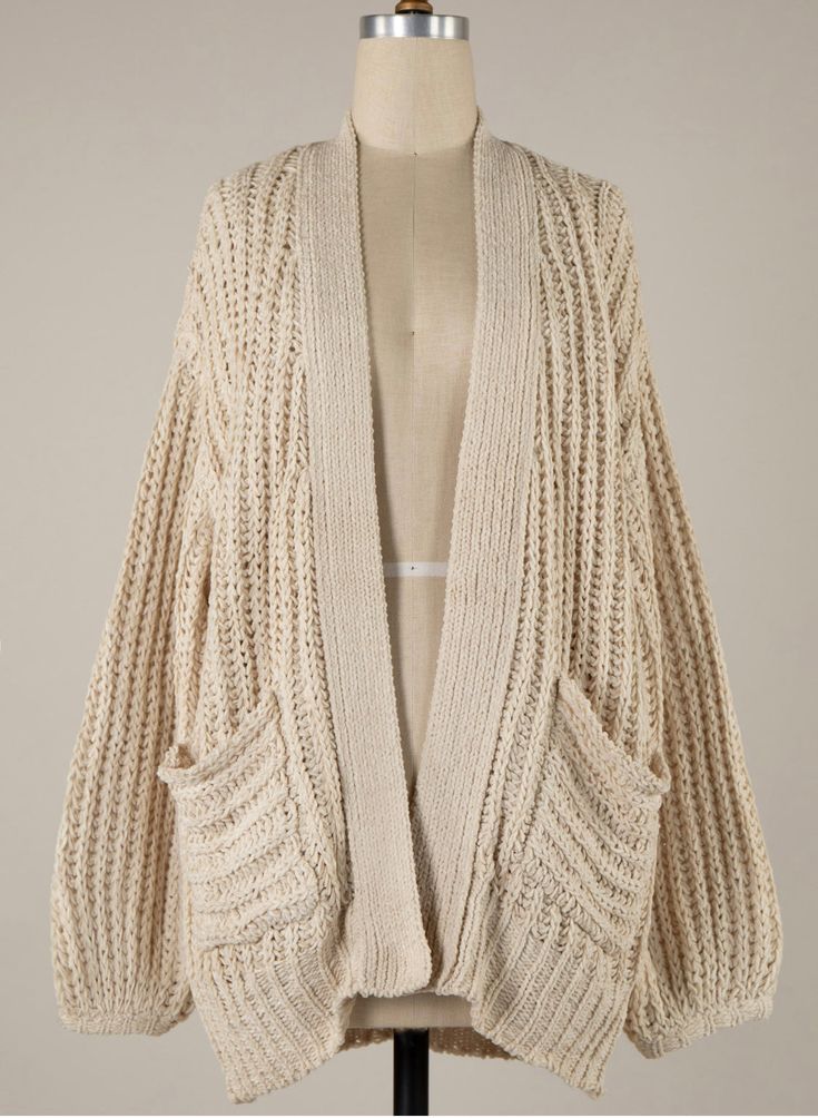 This chunky knit cardigan is the gorgeous--you'll want to wear it all the time! Crafted using Cotton Chenille yarn for an unimaginably soft feel, it looks like a million bucks with its gorgeous knitting detail. Ah-mazing! Oversized fit.-TTS Chenille Cardigan, Pockets Details, Chenille Yarn, Cozy Knit Sweater, Fitted Cardigan, Chunky Knit Cardigan, Feel It, Swimwear Tops, Cut And Style