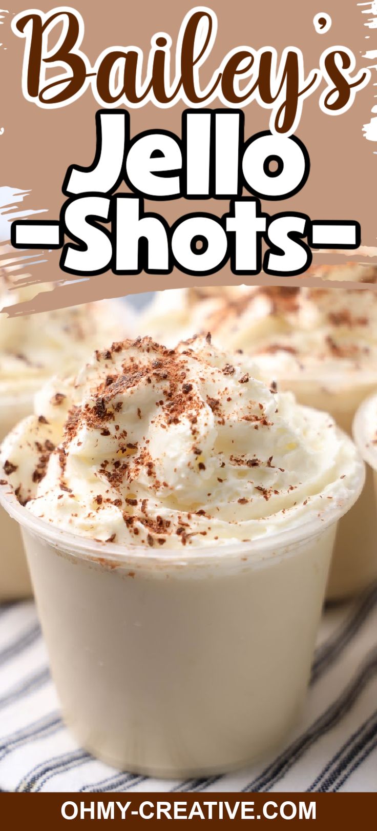 an advertisement for bailey's jello shots with whipped cream and chocolate sprinkles