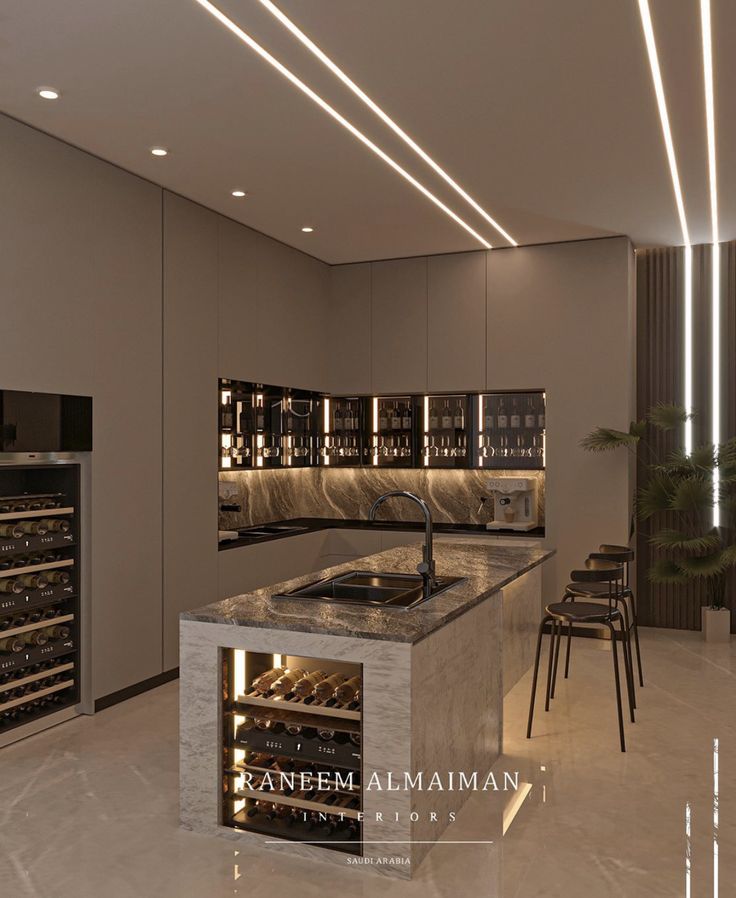 the kitchen is clean and ready to be used for wine tasting in this modern home