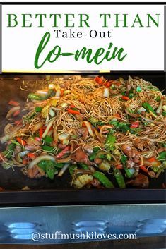 a pan filled with stir fry noodles and vegetables