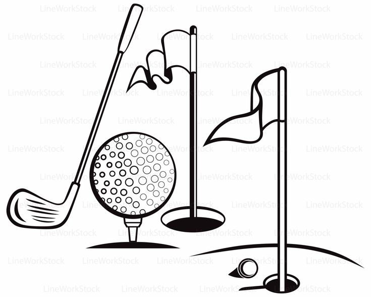 a black and white drawing of a golf ball next to a flag on the tee