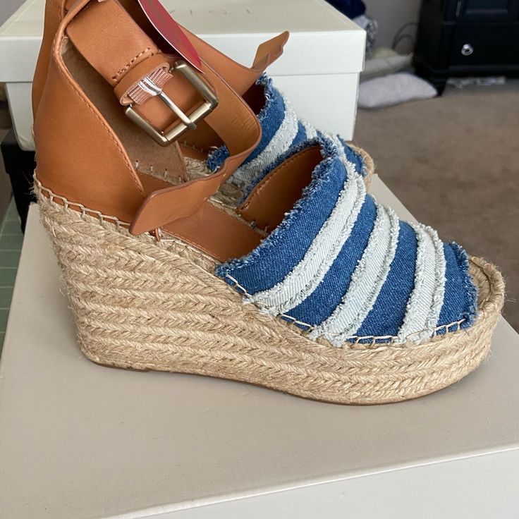 Super Cute Denim Wedges! Nwt Trendy Denim Wedge Sandals, Blue Denim Wedge Sandals, Denim Wedge Heel Sandals For Spring, Spring Denim Wedge Heel Sandals, Trendy Denim Wedge Sandals For Spring, Spring Denim Wedge Sandals, Casual Denim Platform Wedge Sandals, Casual Denim Wedge Sandals For Spring, Chic Blue Espadrilles For Spring