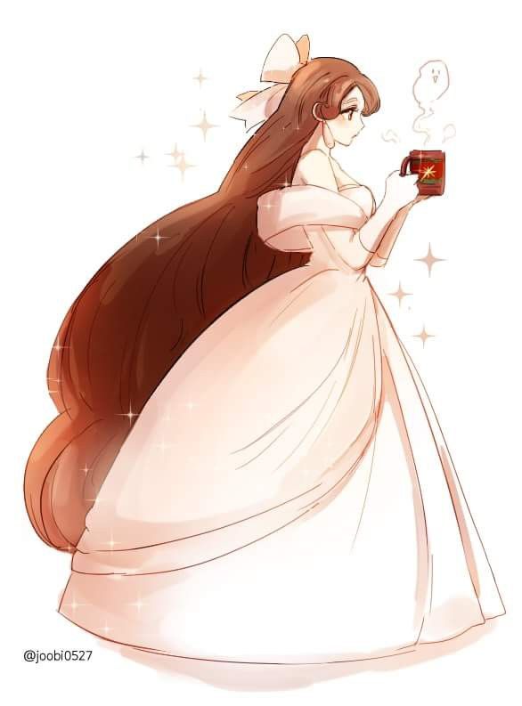 a drawing of a woman in a white dress holding a cup and looking at her cell phone