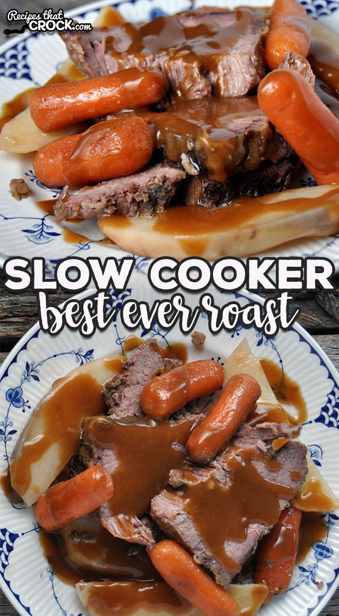 slow cooker beef and carrots with gravy on a blue and white plate