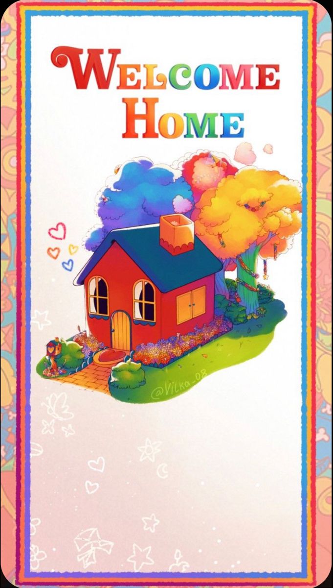 a welcome home card with a house and trees