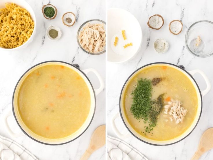 two pictures showing the process of making soup in one pot and another with ingredients on the other