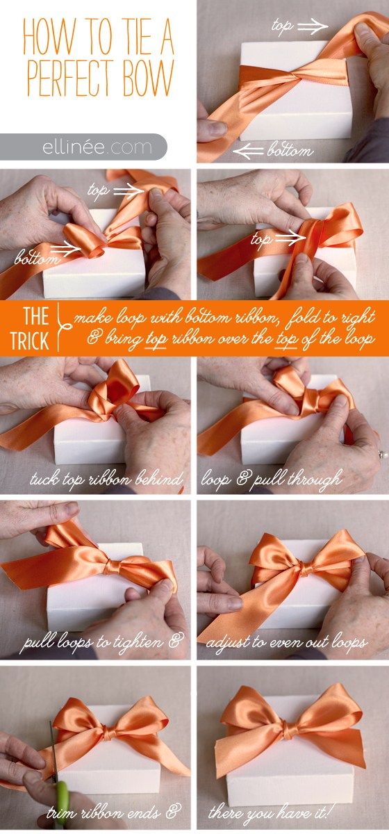 instructions for how to tie a bow with ribbon on the side and in the middle