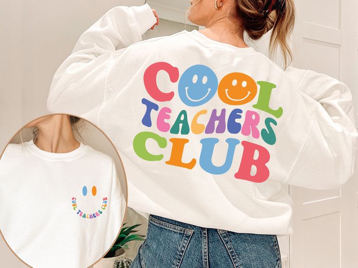 Cool Teacher Club Sweatshirt, Retro Teacher Sweatshirt, Cool Teacher Sweatshirt, Back To School Shirt, Teacher Gifts, Funny Teacher Sweater Welcome to Style Art US! 𝐒𝐈𝐙E  𝗔ND 𝐂𝐎𝐋𝐎𝐑𝐒: For  size and color options,  please see listing images. Gildan Brand, 50% cotton, medium weight and soft. Usually runs true size.  DTF printing method is used for these shirts. 𝗛𝗢𝗪 𝗧𝗢 𝗢𝗥𝗗𝗘𝗥: 𝟏. Please, check and review listing photos. 𝟐. Select Your T-Shirt size and color from drop down menus. 𝟒. Choose Your Quantity you want. 𝟒. Click 𝗔𝗗𝗗 𝗧𝗢 𝗖𝗔𝗥𝗧. Go to your card and finalize your order. CARE INSTRUCTIONS: Turn the shirt inside out. Machine wash cold with mild detergent. Tumble dry very low. Do not use bleach. Do not iron directly on design. RETURNS and CANCELLATION: If the i White School Spirit T-shirt For Winter, Winter School T-shirt With Letter Print, Trendy White Pre-shrunk Sweatshirt, Relaxed Fit Long Sleeve T-shirt For School, Cute White School Sweatshirt, Cute White Sweatshirt For School, Trendy Long Sleeve Tops With Funny Text, Cool Long Sleeve Cotton Tops, White Long Sleeve T-shirt With Funny Text