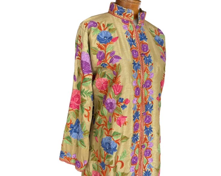 Silk jacket with wool embroidery Handmade in Kashmir Design: K-2 One size Include pockets Embroidery on front and back Measurements: Chest width 22"Length 46" Wool Embroidery, Silk Jacket, Embroidery, Silk, Wool, Design