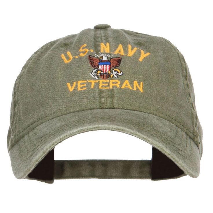 US Navy Veteran Military Embroidered Washed CapMade of 100% cotton.One size fits most with an adjustable buckle closure, fitting up to XL size.Same material inner hatband.Adult/Unisex.Crown measures 3 1/2 inches deep.Bill measures 2.7 inches long.Hand wash only.Brand of cap may vary with different manufacturer.Imported. Military logo of US Navy Veteran is embroidered on the front crown.1 small ventilation hole placed on each panel of crown.Bill is stiff and pre curved, same color under bill.Unco Military Style Snapback Baseball Cap In Cotton, Military-style Cotton Snapback Hat, Military Cotton Snapback Hat, Military Style Cotton Snapback Hat, Military Style Baseball Cap With Embroidered Logo, Bone Bordado, Military Logo, Nasa Logo, Embroidery Caps