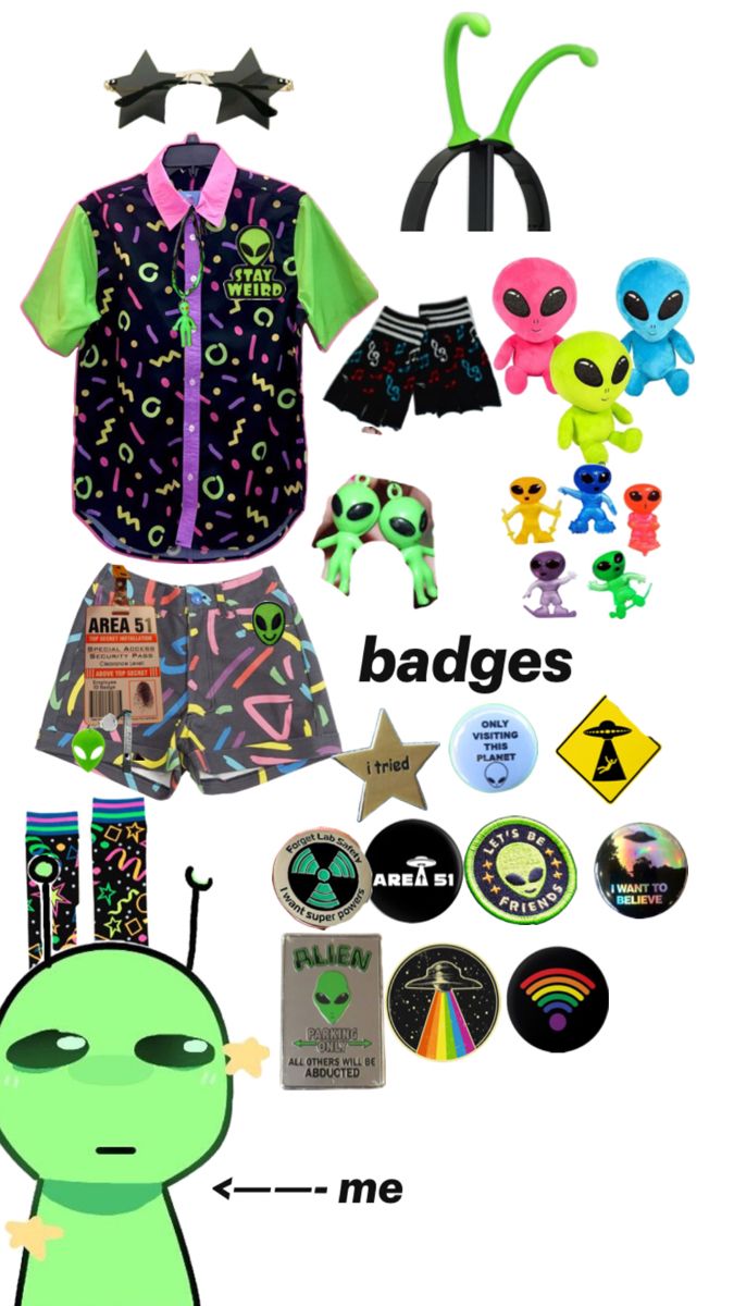 an assortment of clothing and stickers on a white background