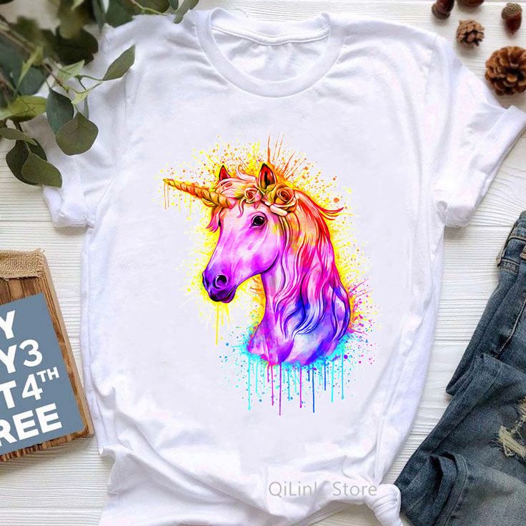 Lovely Unicorn With Flowers Printed Tshirt Femme Summer Top Female White Short Sleeve Casual T-Shirt Unicorn With Flowers, 90s Girl, Printed Tshirt, Girls T Shirts, White Short, T Shirt Women, Casual T Shirt, Summer Top, Girls Tshirts