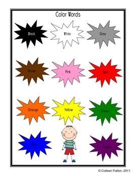 the color words poster is shown with different colors and shapes, including one person standing in front of them