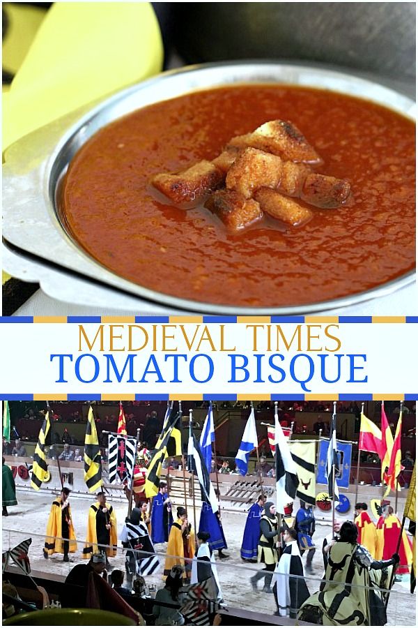 the cover of medieval times tomato bisque, with pictures of people in costumes around it