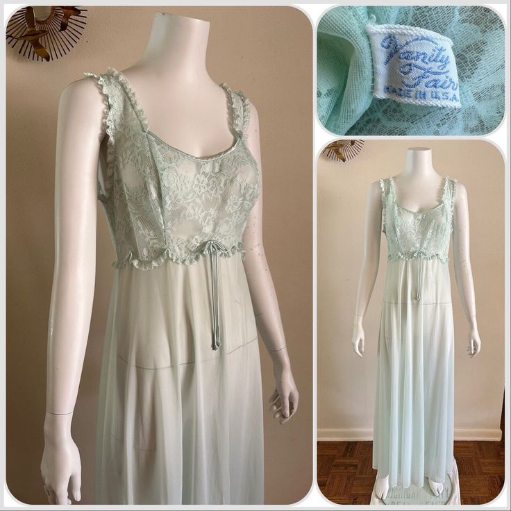 For your consideration Vintage 'Vanity Fair' semi sheer nylon tricot negligee with lace bodice. Fixed bow. No pockets. Made in USA. Marked size 34 bust. Fits like a modern S/M Pre owned, shows general wear. Overall great nightgown. Normal surface wear. Small break in the lace at the side bust. I washed on delicate in a bag with natural detergent and air dried. Please review photos to best determine condition and message with any questions. Zoom in for details. Shown on size small mannequin. Meas Sheer Evening Sleepwear For Spring, Spring Sheer Evening Sleepwear, Spring Evening Sheer Sleepwear, Vintage Sheer Sleepwear For Evening, Fitted Sheer Nightgown For Sleep, Fitted Sheer Lace Nightgown, Sheer Fitted Nightgown For Spring, Vintage Sheer Lace Nightgown, Sheer Fitted Sleeveless Nightgown