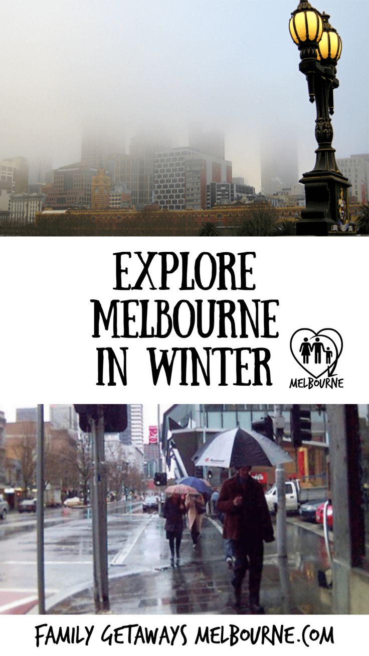 an advertisement for melbourne in the rain with people walking down the street holding umbrellas