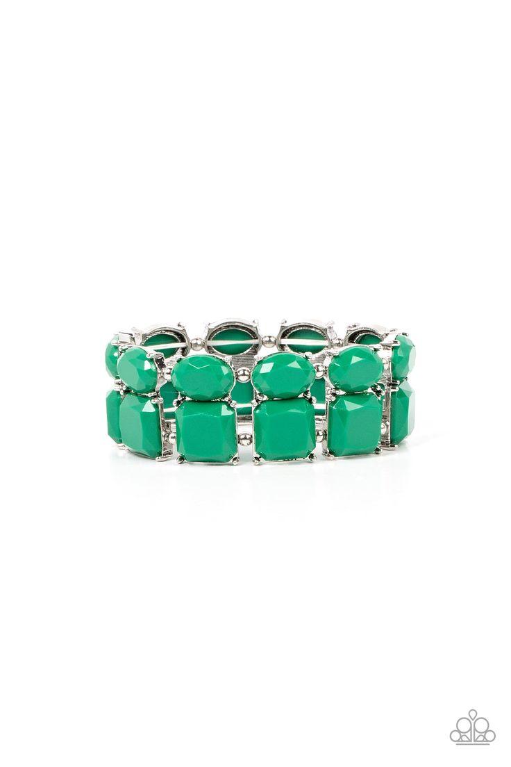 Separated by pairs of dainty silver beads, faceted stacks of oval and square cut Leprechaun beads are threaded along a stretchy band around the wrist for a refreshing pop of color. Dainty Band, Mobile Boutique, Green Bracelet, Paparazzi Accessories, Forget You, Paparazzi Jewelry, Square Cut, Pink Stone, Matching Earrings