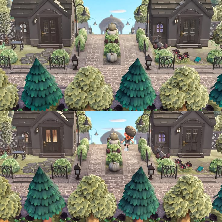 several different images of a small house and trees in the middle of a town street