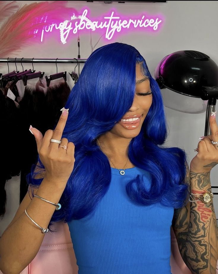 Rich Cat, Selfies Aesthetic, Uk Baddie, Baddie Pfp, Ig Pfp, Blue Lace Front Wig, Blue Wigs, Royal Blue Hair, Weave Hairstyles Braided