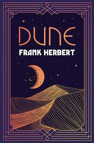 the cover of dune by frank herbert, with an image of a moon and mountains