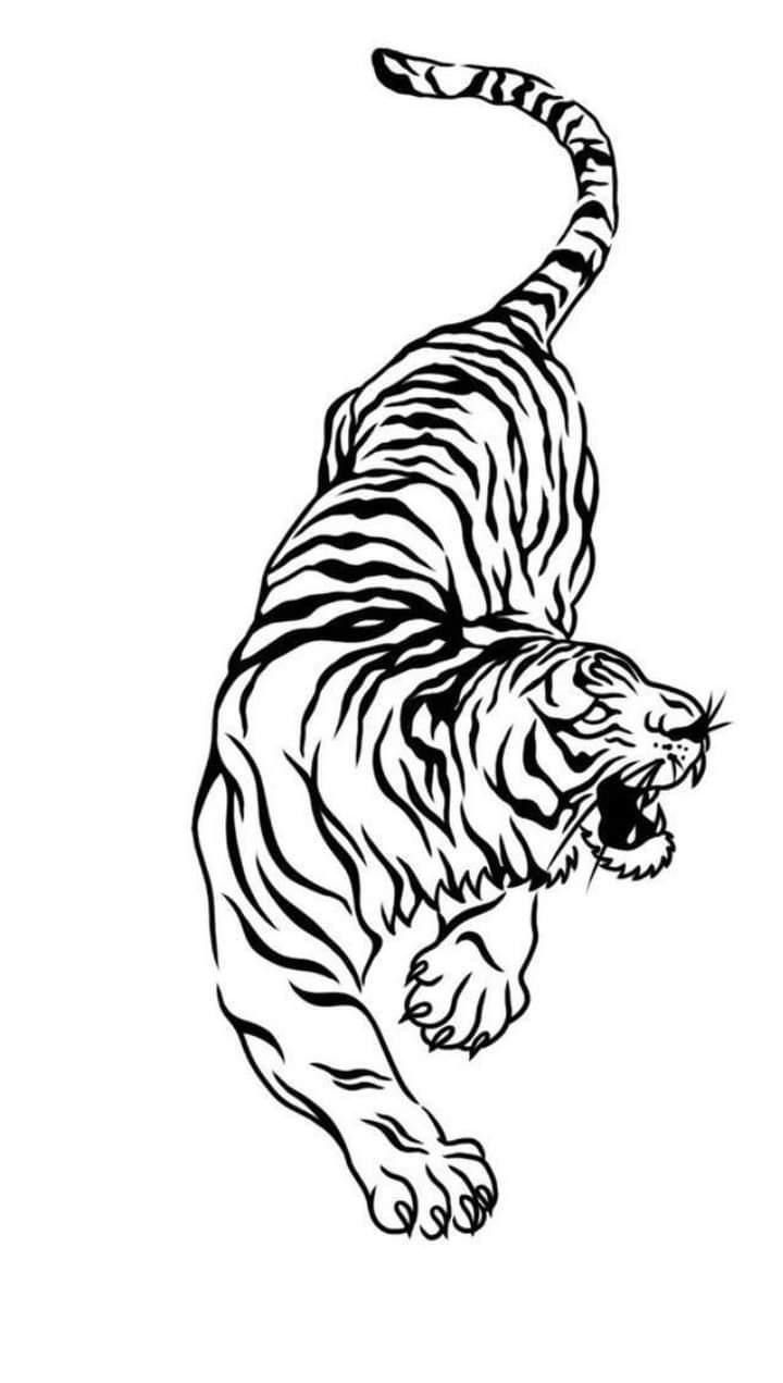 a black and white drawing of a tiger jumping up into the air with its mouth open