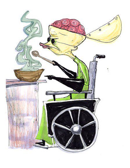 a drawing of a person in a wheel chair cooking