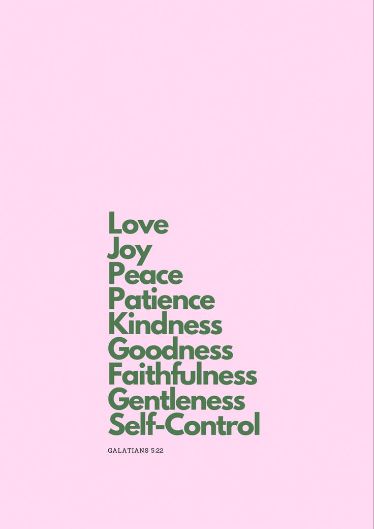 the words love, peace, kindness and goodness are in green on pink