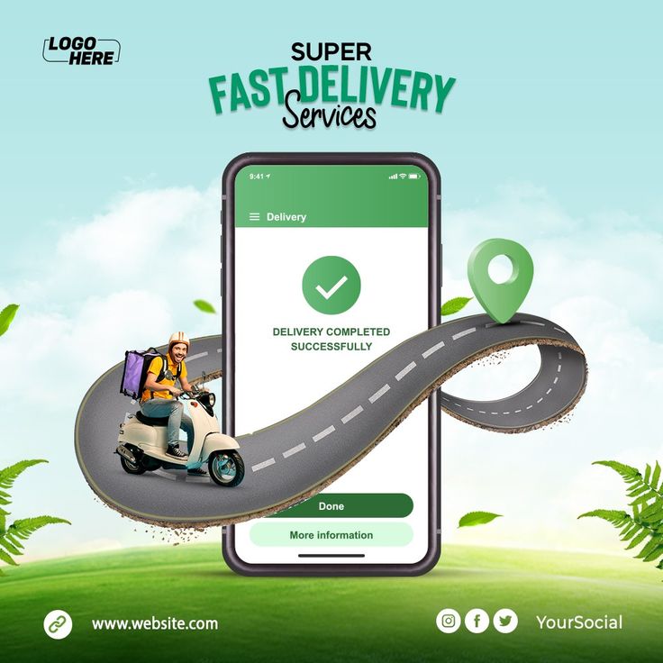 a cell phone with the words fast delivery services on it and an image of a person riding a scooter