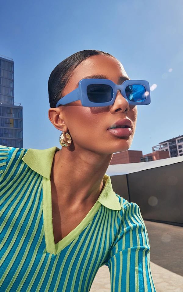 Sunglasses | Women's Sunglasses | PrettyLittleThing USA Blue Outfit Accessories, Shades Photoshoot, Light Blue Sunglasses, Desain Buklet, Square Frame Sunglasses, Artificial Light, Blue Sunglasses, Model Poses Photography, Night Driving