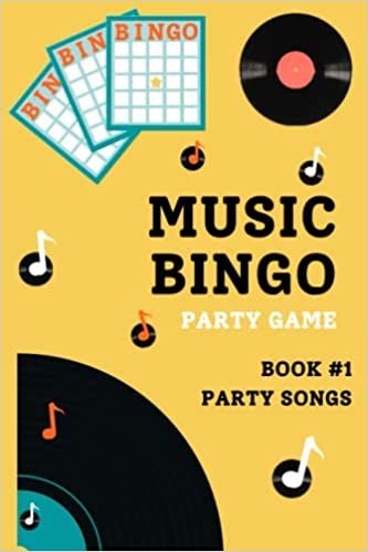 a book cover for music bingo party game with musical notes and vinyl records on it