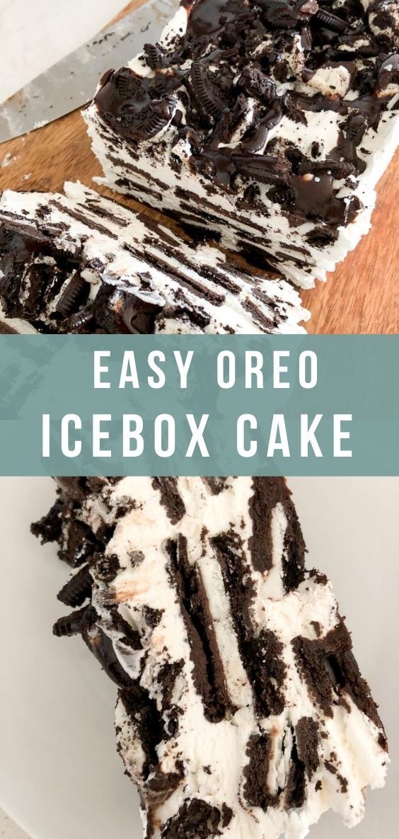 an easy oreo icebox cake is cut in half and ready to be eaten