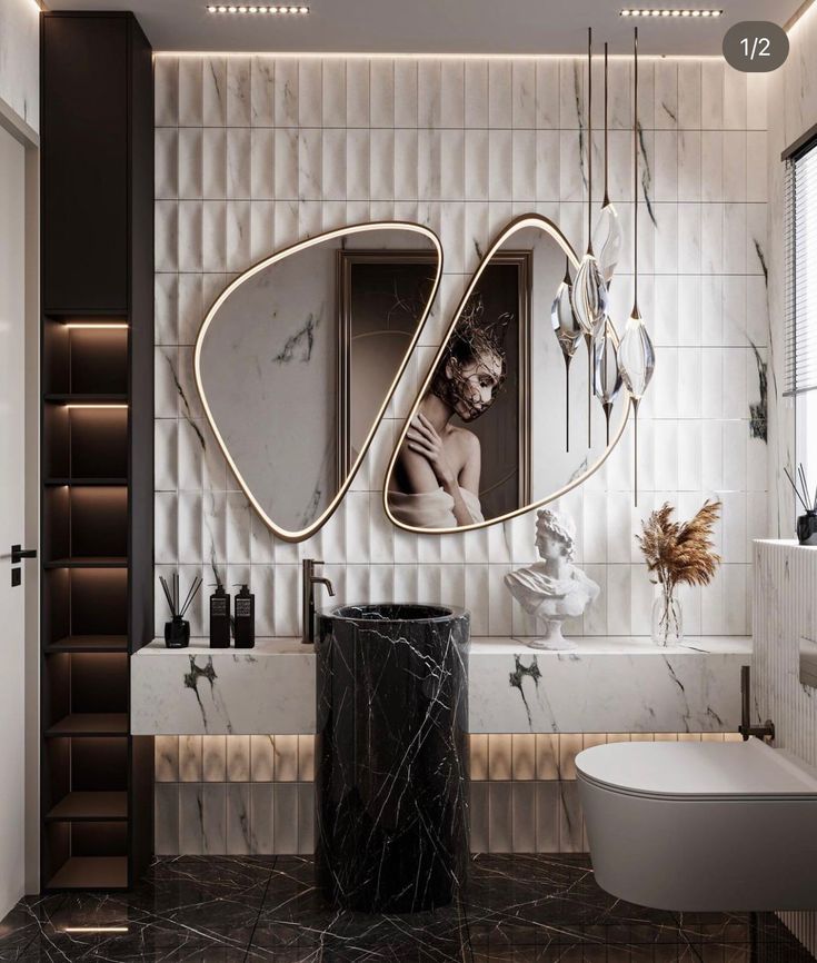 a modern bathroom with marble walls and flooring