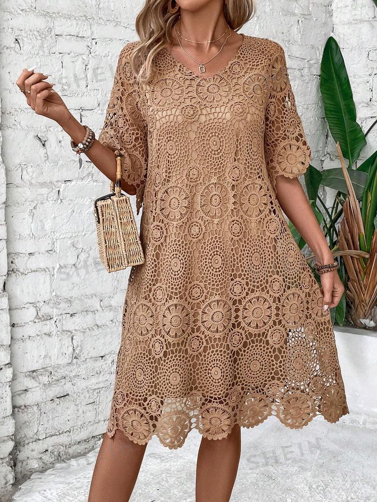 Introducing elegance at its finest: the Elegance Defined: V-Neck Guipure Lace Dress. This stunning dress features intricate guipure lace and a flattering V-neck design, creating a timeless and sophisticated look. Perfect for any special occasion, this dress exudes grace and style. Color : Khaki Style : Casual Details : Scallop, Contrast Lace, Eyelet Embroidery Type : Tunic Pattern Type : Plain Neckline : V neck Sleeve Length : Short Sleeve Sleeve Type : Flounce Sleeve Waist Line : Natural Hem Sh Bohemian V-neck Dress With Scalloped Lace, V-neck Crochet Lace Dress With Lace Trim, Summer V-neck Lace Dress, Scalloped Lace V-neck Beach Dress, V-neck Lace Dress With Scalloped Lace For Summer, V-neck Crochet Lace Dress, V-neck Lace Patchwork Dress, V-neck Lace Dress With Lace Patchwork, Elegant Beach Dress With Scalloped Lace