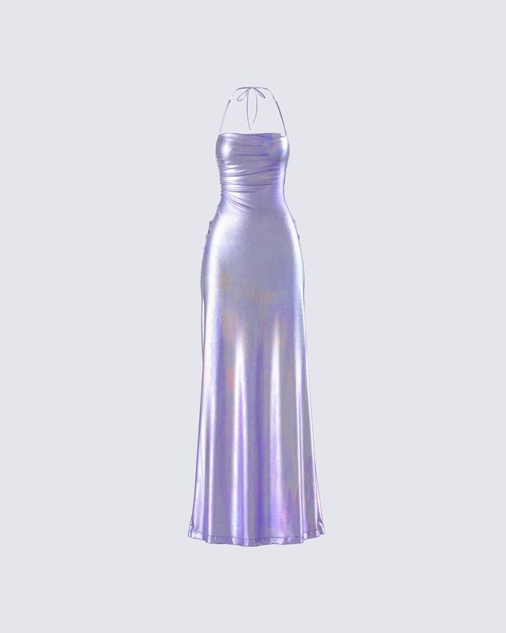 This gunmetal metallic gown is your new weapon of mass seduction 😏 Complete with tie-back detailing, a low back, and a cowl neckline for a chic and elegant look 👑 Purple Dress Olivia Rodrigo, Metallic Red Dress, Metallic Purple Dress, Purple Clothes Aesthetic, Purple Glitter Dress, Holographic Clothes, Lilac Dresses, Amethyst Dress, Lilac Prom Dress