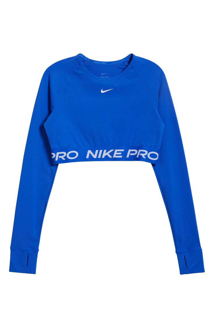 Nike Pro lettering details the stretchy, cropped hem of a second-skin top designed with sweat-wicking Dri-FIT tech that helps you stay dry and comfortable. 13" length (size Medium) Crewneck Long sleeves with thumbhole cuffs Dri-FIT moisture-wicking technology 83% polyester, 17% spandex Machine wash, dry flat Imported Nike Toos, Nike Pro Long Sleeve, Nike Clothes Women's Outfit, Nike Technical Running Tops, Functional Sports Crop Top With Crew Neck, Functional Crew Neck Crop Top For Sports, Supportive Cropped Sports Tops, Functional Cropped Top With Medium Support, Go-dry Cropped Sports Top