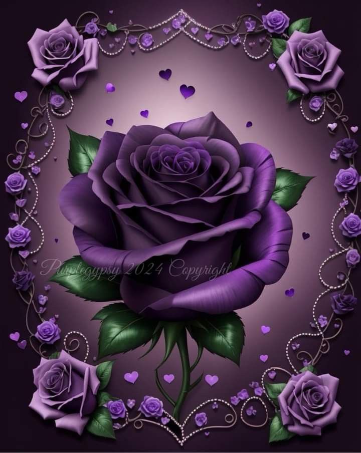 a purple rose surrounded by hearts on a black and purple background with silver filigreets