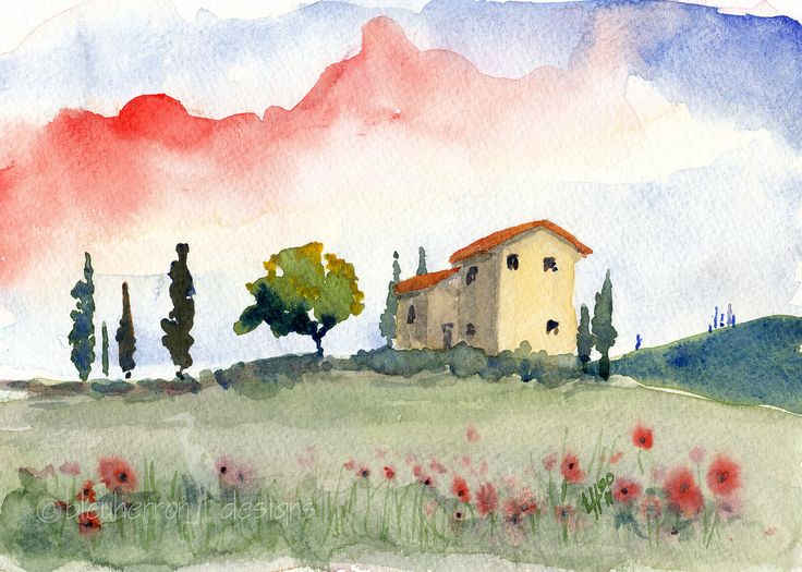 a watercolor painting of a house on a hill with poppies in the foreground