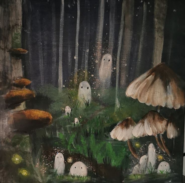 a painting of mushrooms in the woods